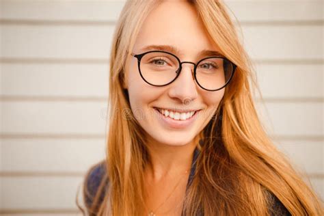 Close Up Portrait Of Blonde Girl In Glasses Beautiful Student Stock