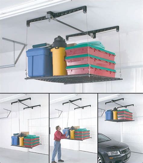 A couple things to note before you build your own cargo box hoist; Pulley System Storage Rack For Garage