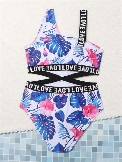 Girls Tropical Print Cut Out One Piece Swimsuit Shein Uk