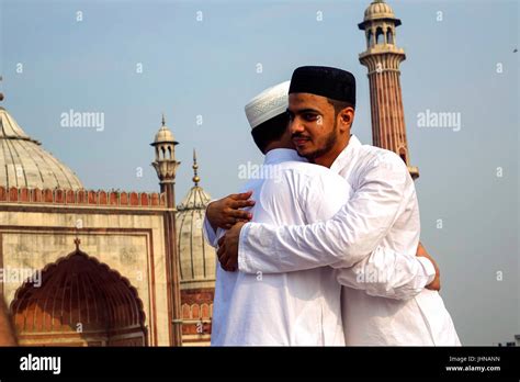 Two Muslim Men With Happy Smiley Faces Celebrating Islamic Festival Eid