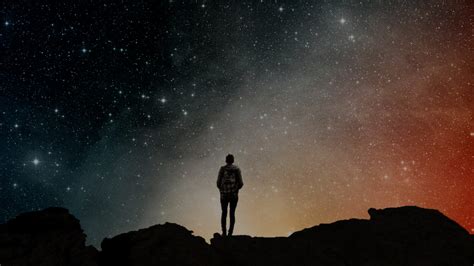 Silhouette Of Person Standing On Rock Facing Up Sky Alone Stars Hd