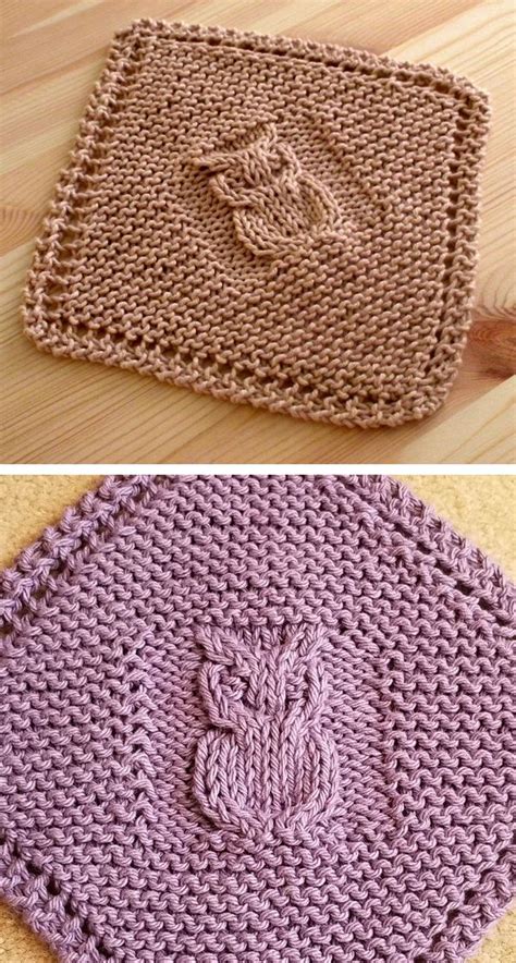 Free Knitting Pattern For Diagonal Owl Dishcloth Cable Owl Motif Knit