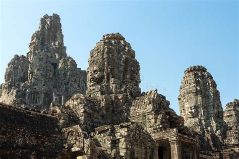 Faces Carved In Stone In Bayon Temple Towers Angkor Wat Complex