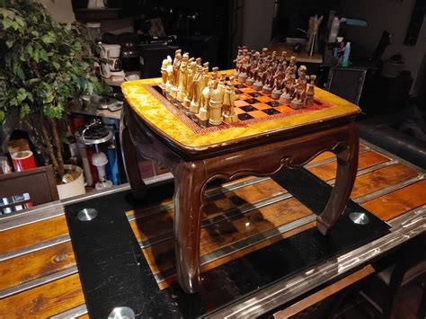 Unique Vintage Wood Chess Table W 6 Sculpt Wood Pieces Etsy