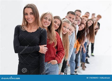 Group Of Happy Young People Standing In Line Stock Image Image Of