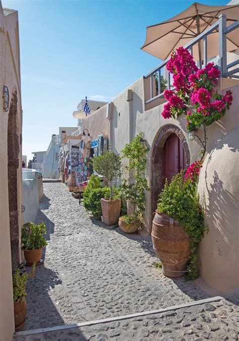 Santorini The Street Of Oia With The Souvenirs Shops And Restaurants