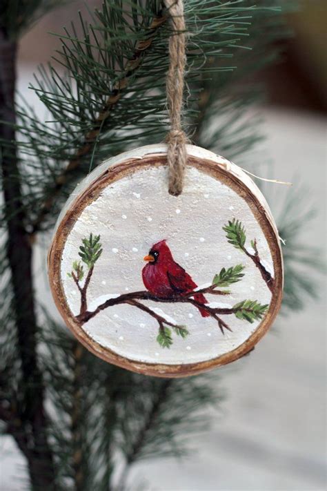 Snowy Cardinal Wood Slice Rustic Wood Decor Wooden Ornament Etsy