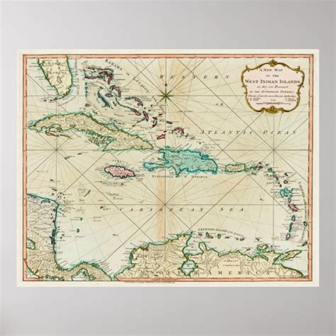 Vintage Caribbean Map 1795 Poster Uk