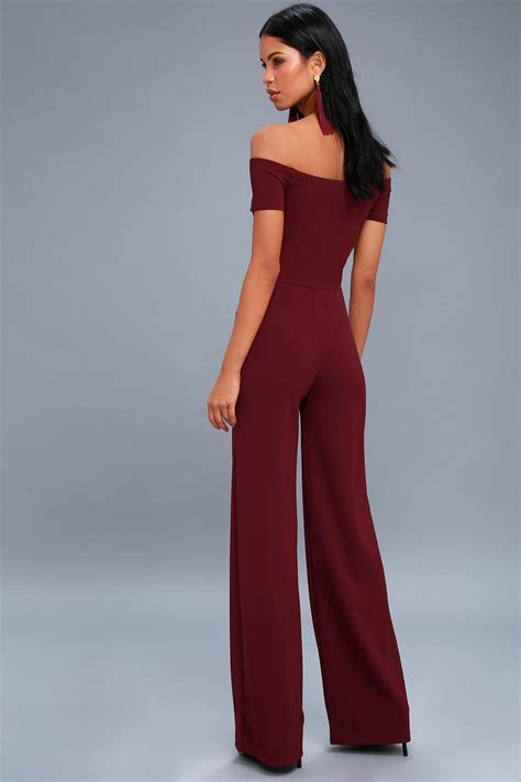Alleyoop Burgundy Off The Shoulder Jumpsuit Dressy Rompers And Jumpsuits Metallic Party