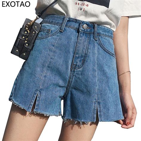 EXOTAO Split Wide Leg Jeans Short Pants Women High Waist Loose Denim