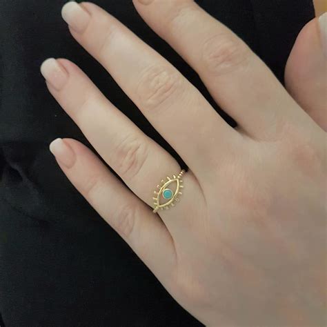 14K Real Solid Gold Turquoise Evil Eye Ring For Women December