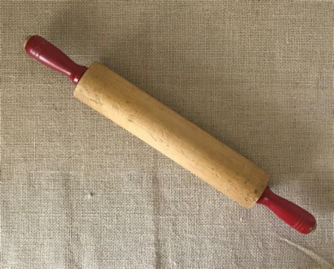 Vintage Wood Rolling Pin With Red Handles Primitive Farmhouse Etsy