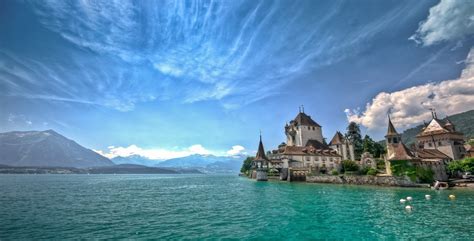 Lake Mountain Clouds Castle Summer Switzerland Lake Thun Nature