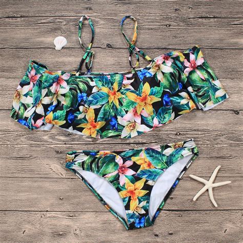 Ruffle Bikini Set Flower Print Bikini Brazilian Push Up Bathing Suit Leaf Swimsuit Padded Offer