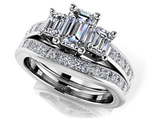 Vibrant Love Emerald Cut Three Stone Bridal Set In Platinum Or Gold
