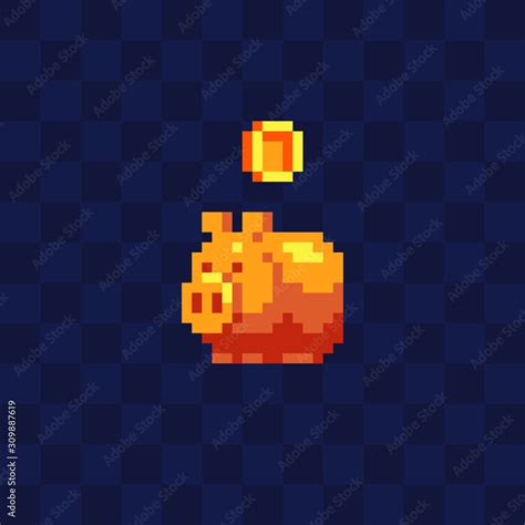 Piggy Bank And Coin Icon Golden Money Box Pixel Art Style 8 Bit