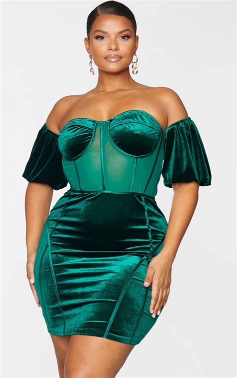 Plus Emerald Green Velvet Bardot Bodycon Dress Prettylittlething Usa