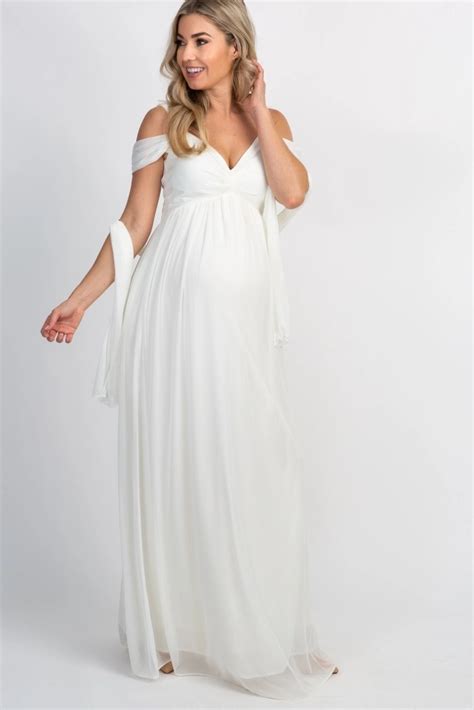 White Chiffon Cold Shoulder Maternity Evening Gown Maternity Evening