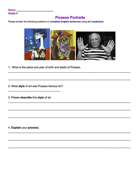 Picasso Portrait Review Worksheet Grade 4 Picasso Portraits Art