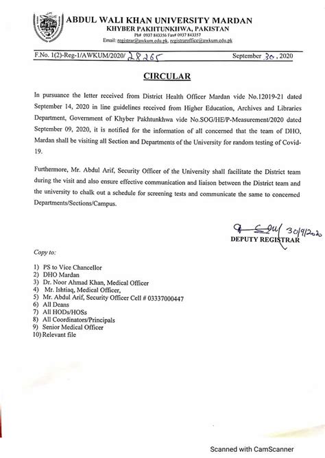 Abdul Wali Khan University Mardan Circular From Office Of The Registrar