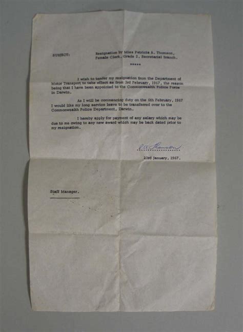 Enclosed is a copy of the invoice that was sent to you with the date and amount due highlighted. Resignation letter written by Patricia Thomson, 1967 - Australian Sports Museum