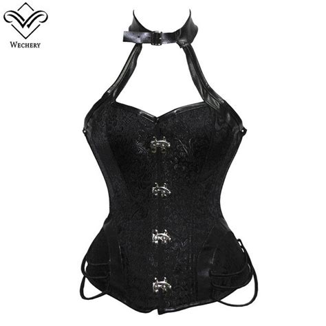 wechery gothic goth punk halter corset choker top bustier women black leather floral hollow out