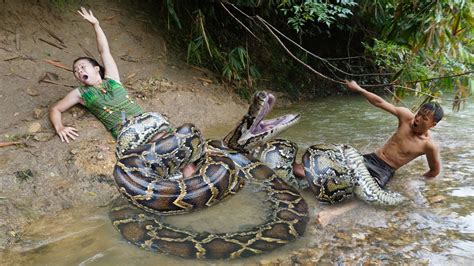 Survival Skills Primitive Life Girl Meet Giant Anaconda Python