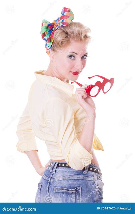 pretty red heaed pinup woman with glasses stock image image of consumer lady 76447625