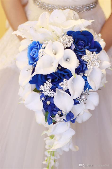 Wedding Bouquets Royal Blue Flowers Waterfall Real Touch
