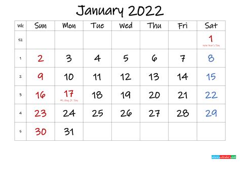 January 2022 Free Printable Calendar With Holidays Template K22m589