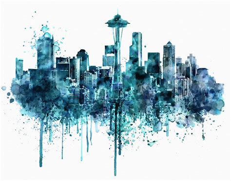 Seattle Skyline Monochrome Watercolor Mixed Media By Marian Voicu