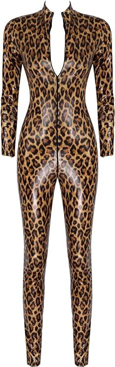 Msemis Woman Patent Leather Long Sleeve Leopard Print Zipper Crotch Catsuit Bodysuit