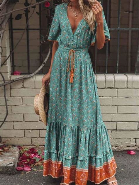 Bohemian Print Summer Dress Women Short Sleeve Ruffled Long Maxi Dress