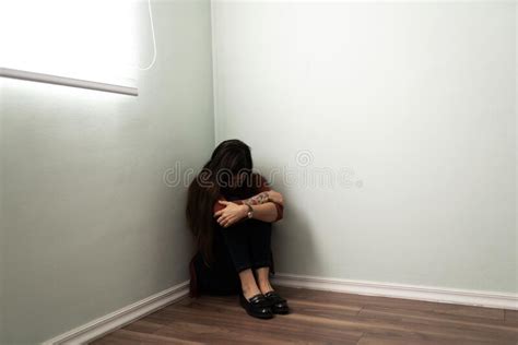 Lonely Hispanic Woman Crying In The Floor Stock Image Image Of Crying