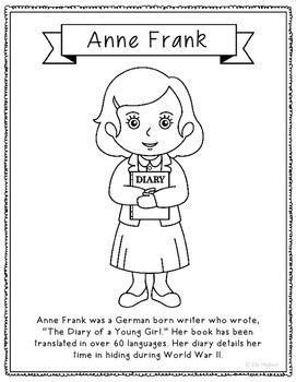 Anne Frank Coloring Page Craft or Poster with Mini Biography, Holocaust