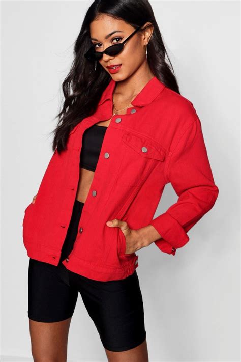 red oversized denim jacket boohoo red denim jacket summer jackets women jacket outfits