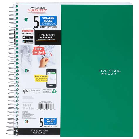 Five Star 5 Subject College Ruled Spiral Notebook Shop Notebooks At H E B