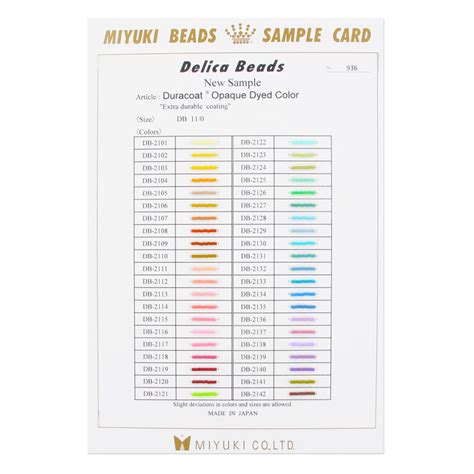 Sample Card Miyuki Delica 110 Duracoat Opaque Dyed Couleurs 2014 N