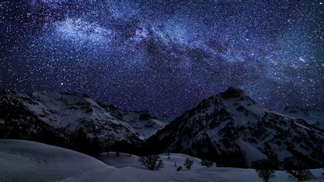 壁纸 景观 山 晚 性质 天空 雪 冬季 星星 月光 大气层 截图 天文物体 地质现象 1920x1080