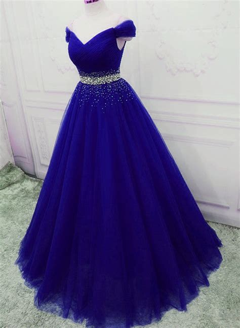 Elegant Royal Blue Tulle Sequins Prom Dress 2020 A Line Long Party Dr