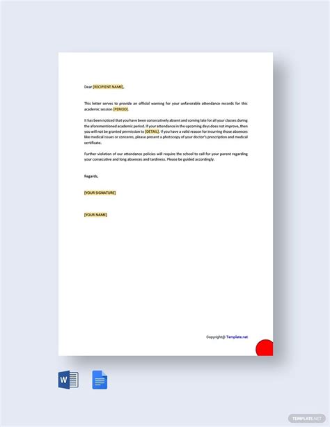 Attendance Warning Letter For Babes In Google Docs Word Pages PDF Download Template Net