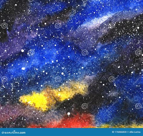 Watercolor Cosmic Texture with Glowing Stars. Night Starry Sky with