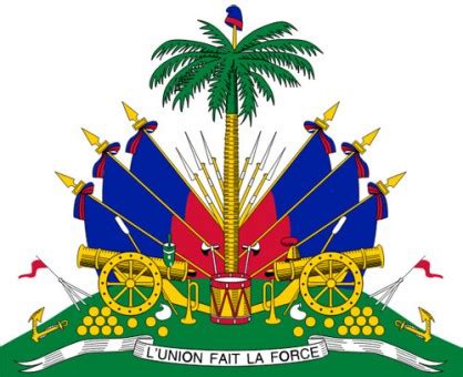 It is a bicolour flag featuring two horizontal bands coloured blue and red, emblazoned by a white rectangular panel bearing the coat of arms of haiti. Флаг и герб Республики Гаити