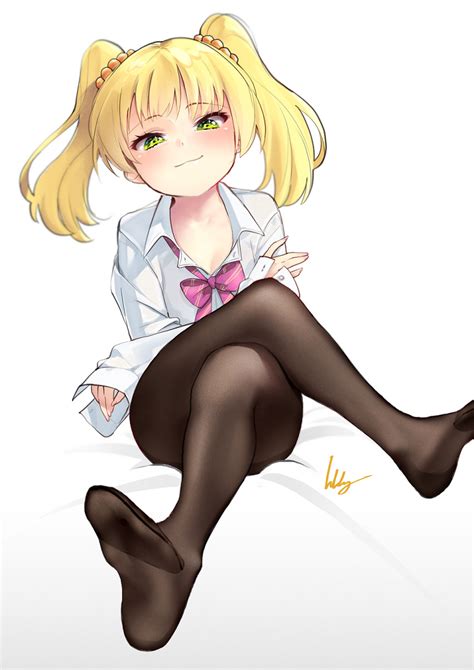 safebooru 1girl bangs blonde hair blush bow bowtie breasts brown legwear closed mouth crossed