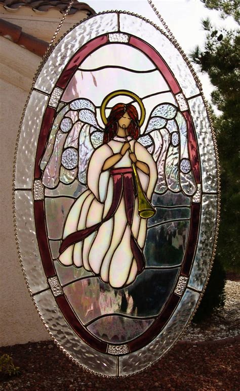 Stained Glass Angel With Halo Playing The Horn 795 Etsy