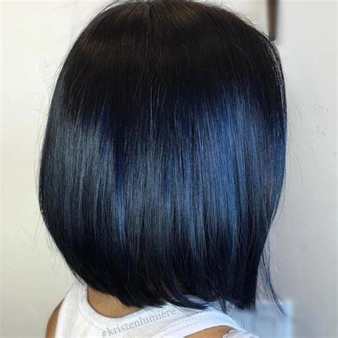 Sleek Black Bob With Blue Highlights Bobhairstylesblackhair Black Hair Dye Hair Color For