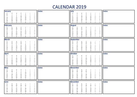 Calendar 2019 With Notes A4 Templates At