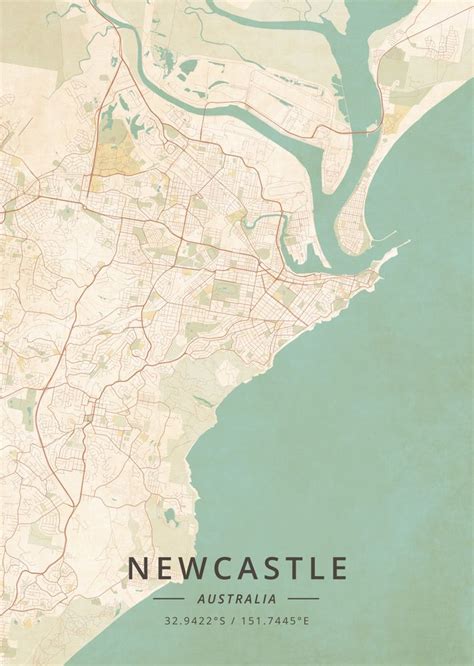 Newcastle Australia Vintage Map Framed Art Print By Designer Map Art