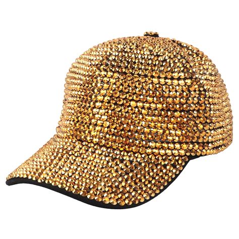 Bling Rhinestone Crystal Studded Adjustable Baseball Cap Gold