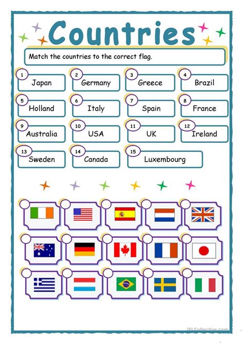 International dialing codes for making overseas phone calls are also listed above. Match-up: Countries and flags worksheet - Free ESL printable worksheets made by teachers